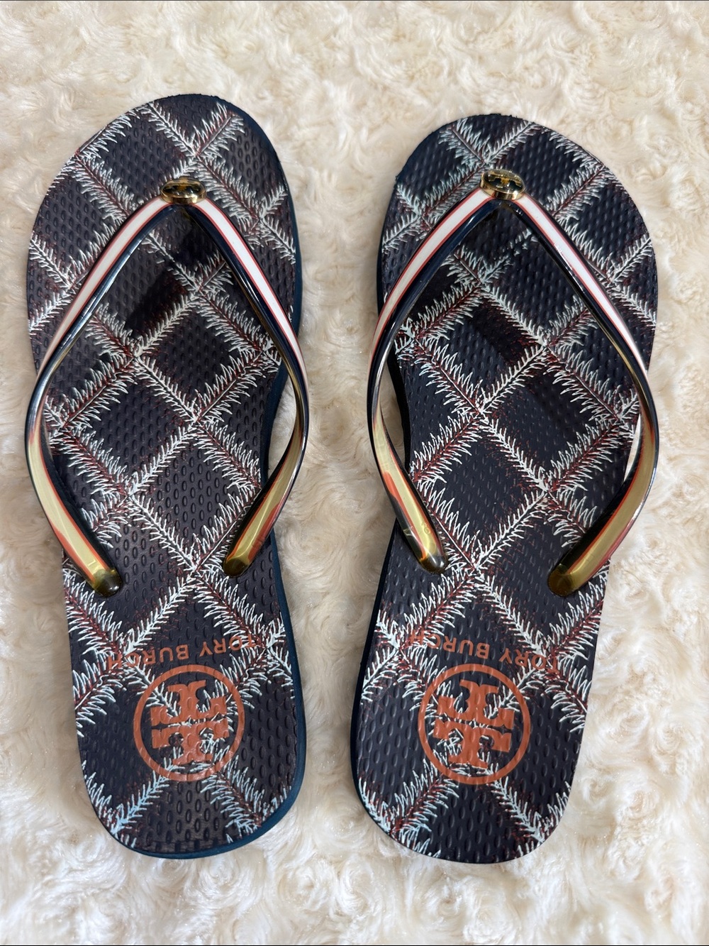 Tory Burch Navy Logo Flip Flop Sandals, sz 7, 2*